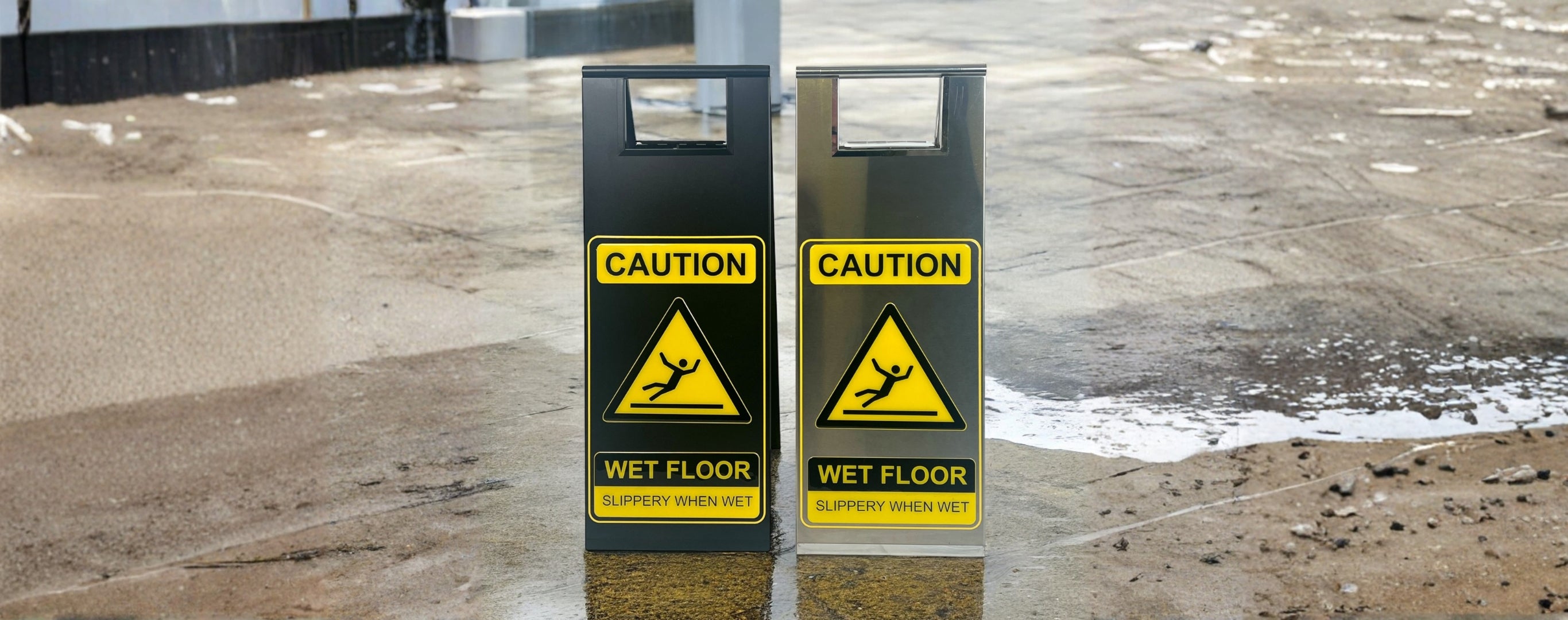 Two wet floor caution signs on a concrete floor.