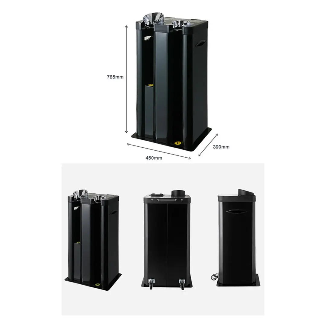 Wet umbrella wrapper dimensions, 450mm wide, 390mm deep, 785mm high, with three angle views