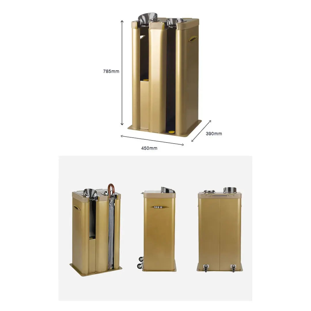 Wet umbrella wrapping machine dimensions, 450mm wide, 390mm deep, 785mm high, with three angle views