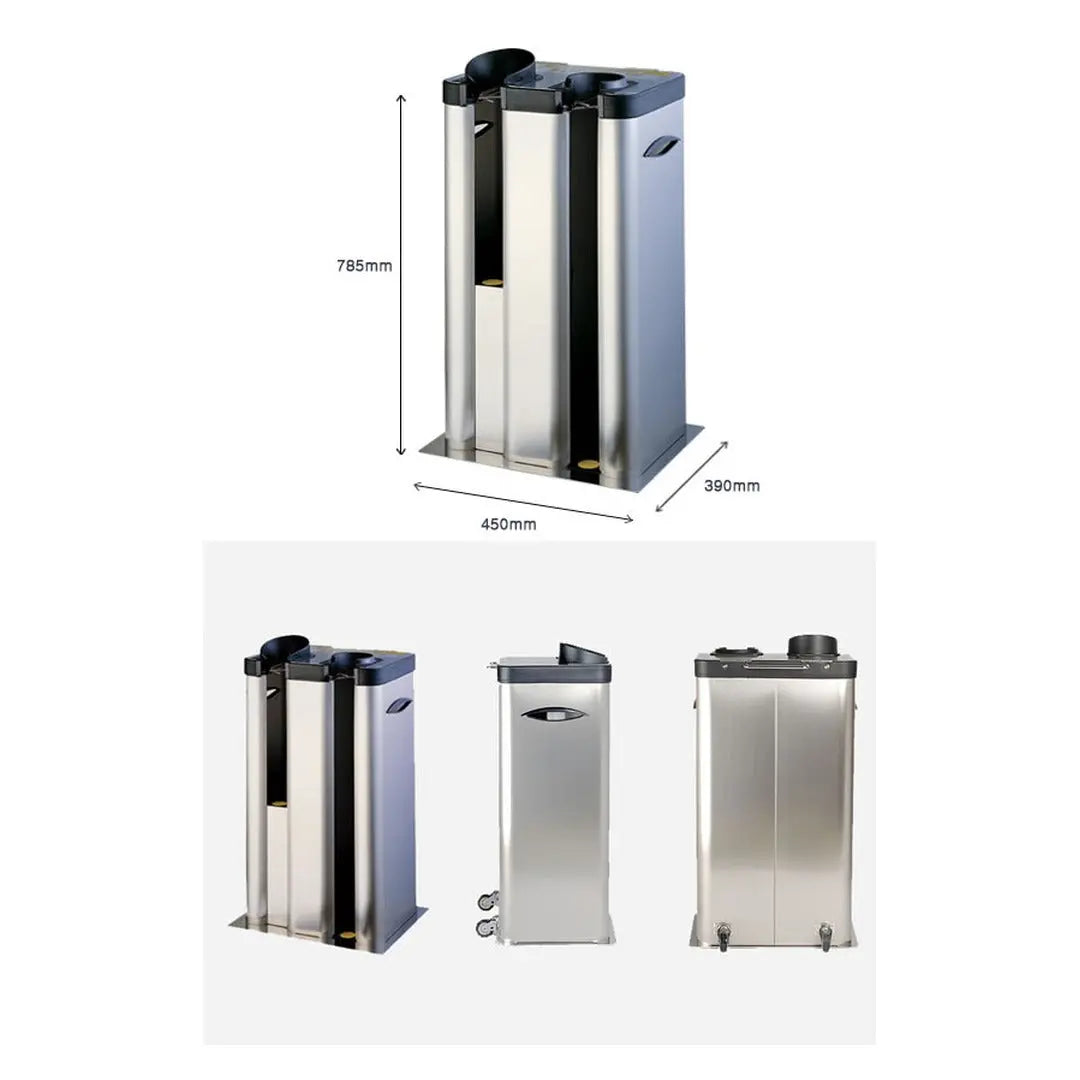 Wet umbrella bagger dimensions, 450mm wide, 390mm deep, 785mm high, with three angle views