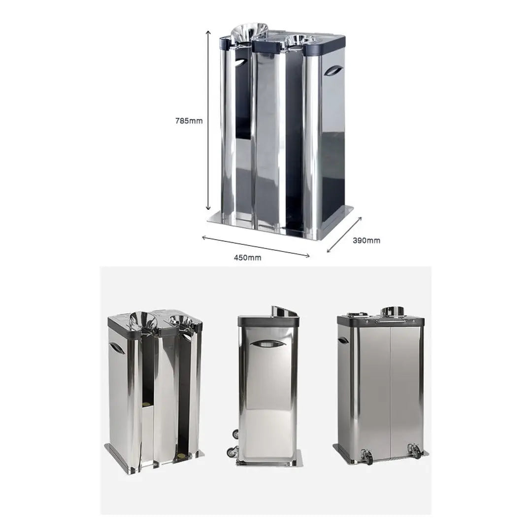 Umbrella wrapping machine dimensions, 450mm wide, 390mm deep, 785mm high, with three angle views