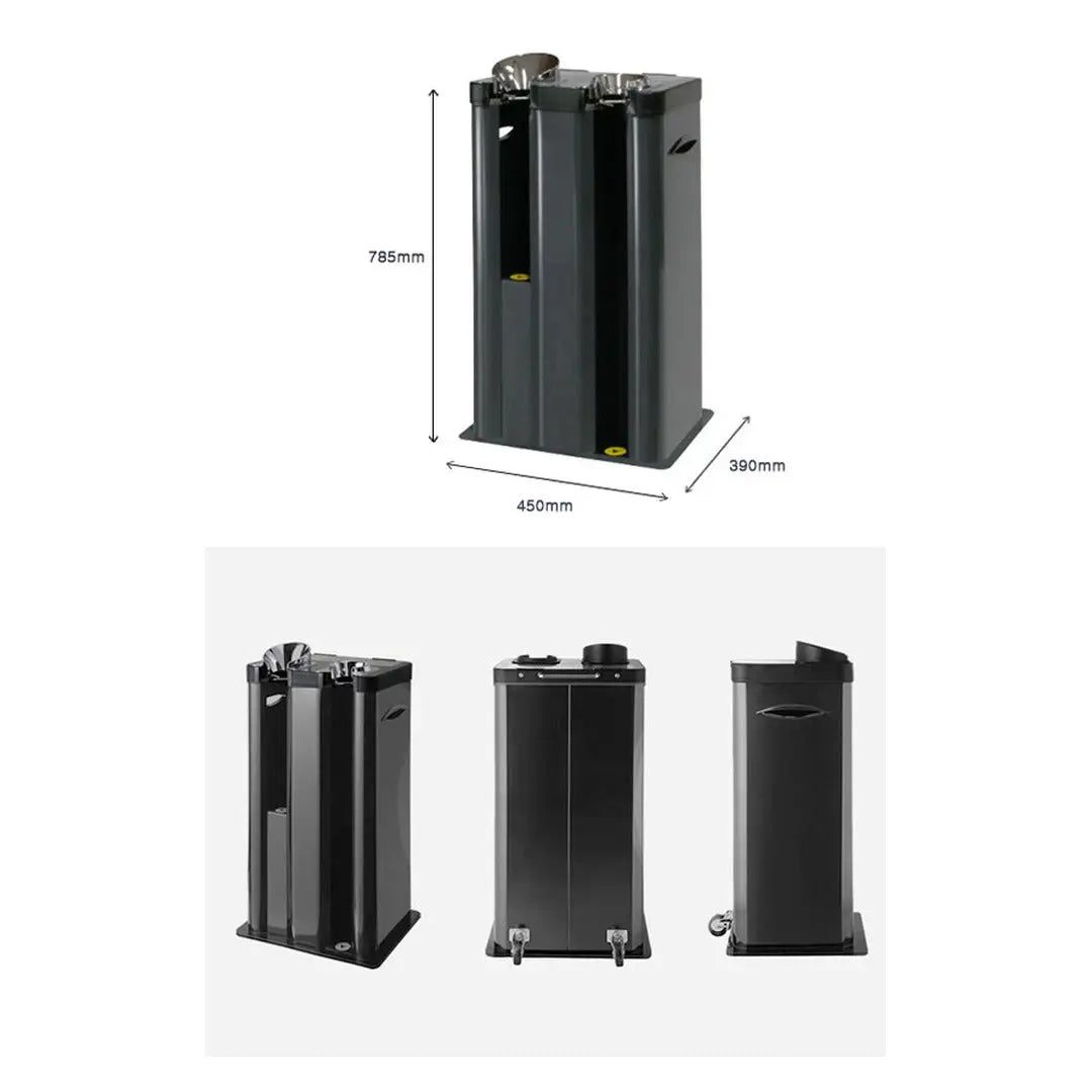 Umbrella wrapper dimensions, 450mm wide, 390mm deep, 785mm high, with three angle views